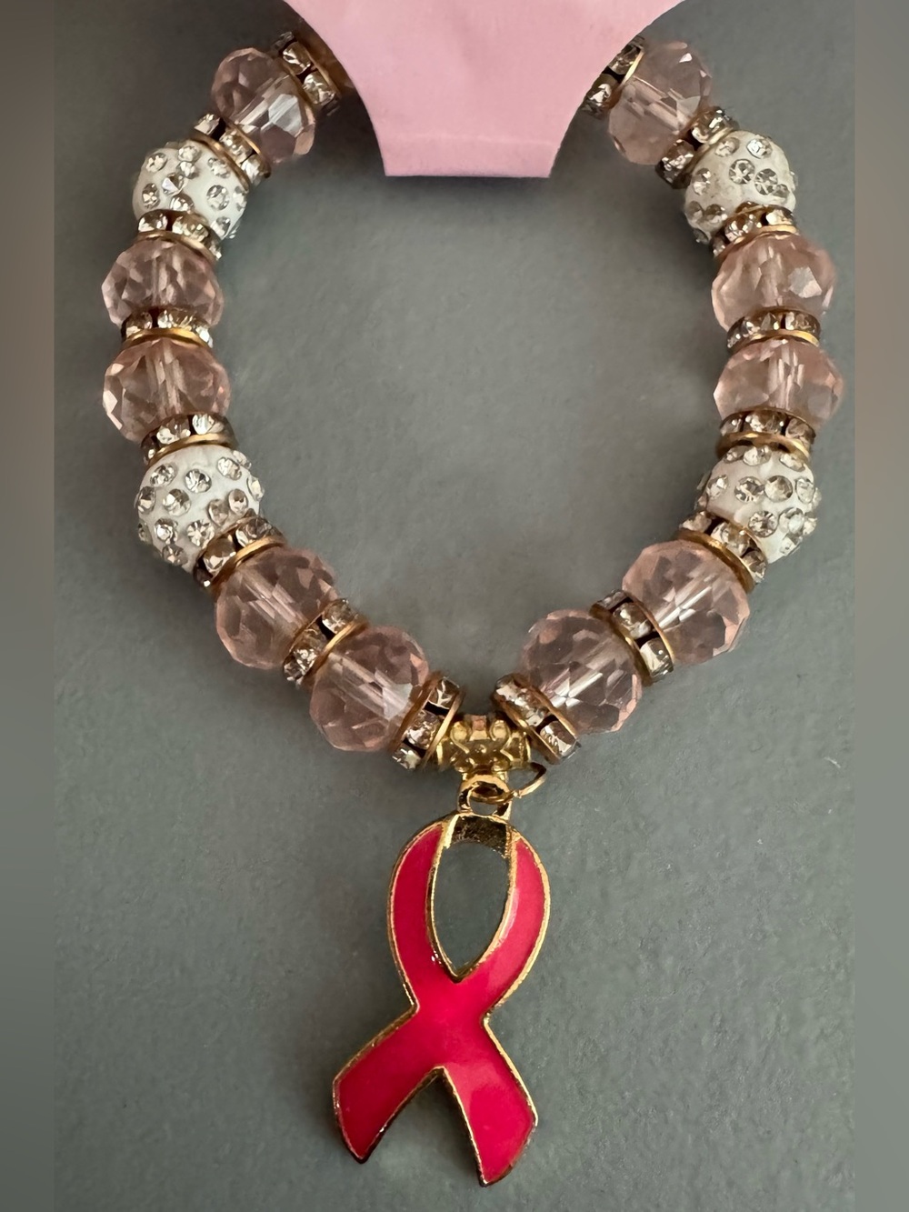 Pink glass Beaded Ribbon Charm Bracelet breast cancer awareness